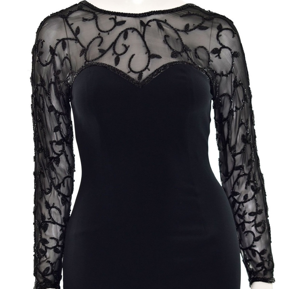 Vintage EUC Oleg Cassini Black Long Sleeve Semi Sheer Beaded Dress Low Cut Back - Picture 3 of 13